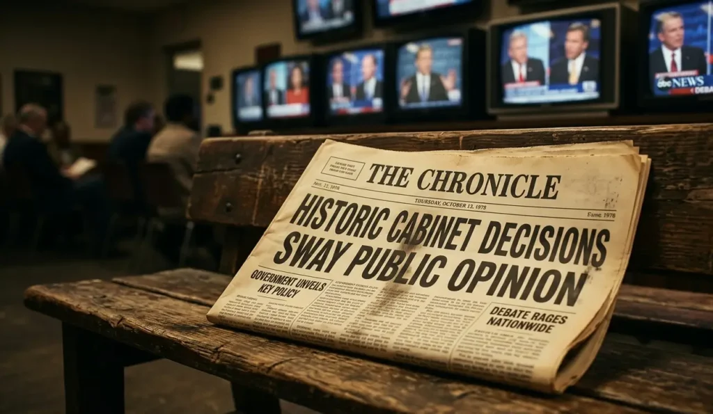 "A close-up of a printed newspaper with political headlines resting on a bench with blurred news broadcast screens in the background."