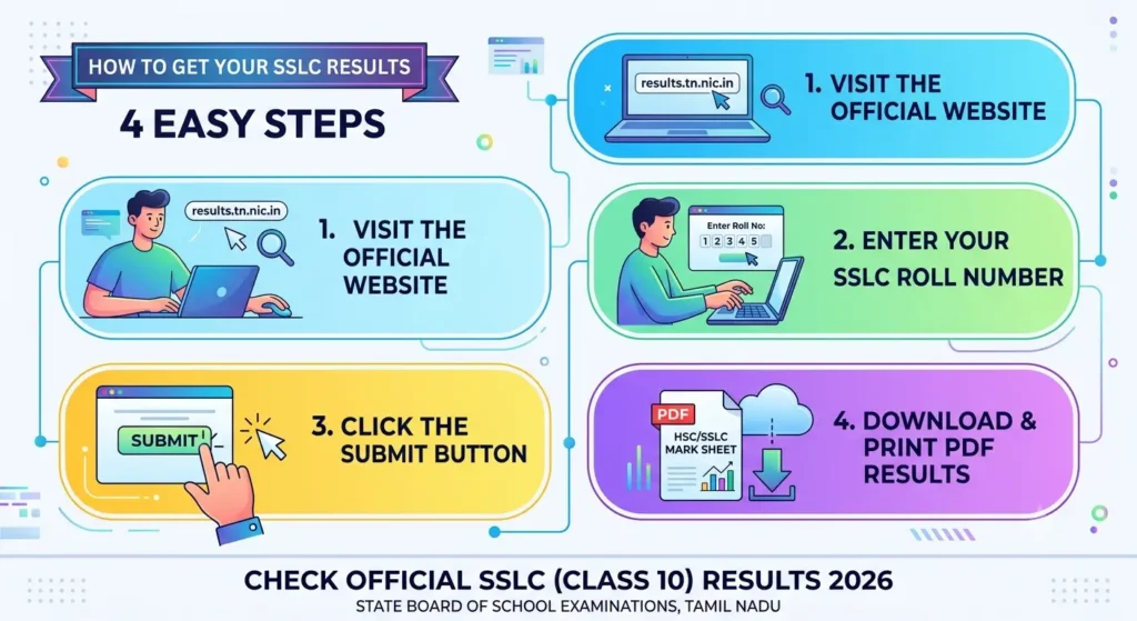 Step by step infographic workflow to check and download Tamil Nadu class 10 scorecard
