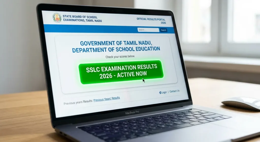 Laptop screen showing the active TN SSLC examination results portal login screen.