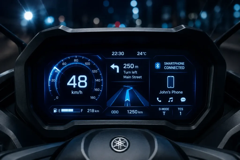 "A futuristic digital LCD dashboard display of a modern scooter glowing with blue neon lights at night."