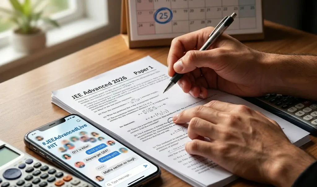 "A close-up photograph of a student analyzing a JEE Advanced question paper on a desk next to a smartphone showing live exam updates."