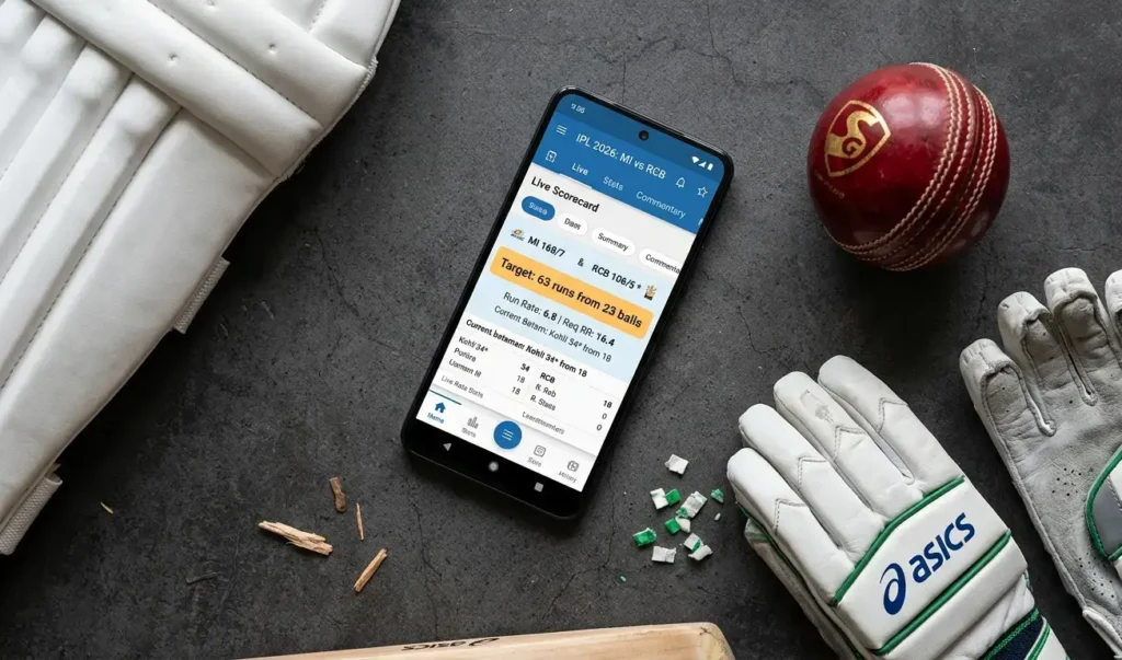 "A smartphone displaying a live cricket scorecard with text showing target runs and balls remaining."
