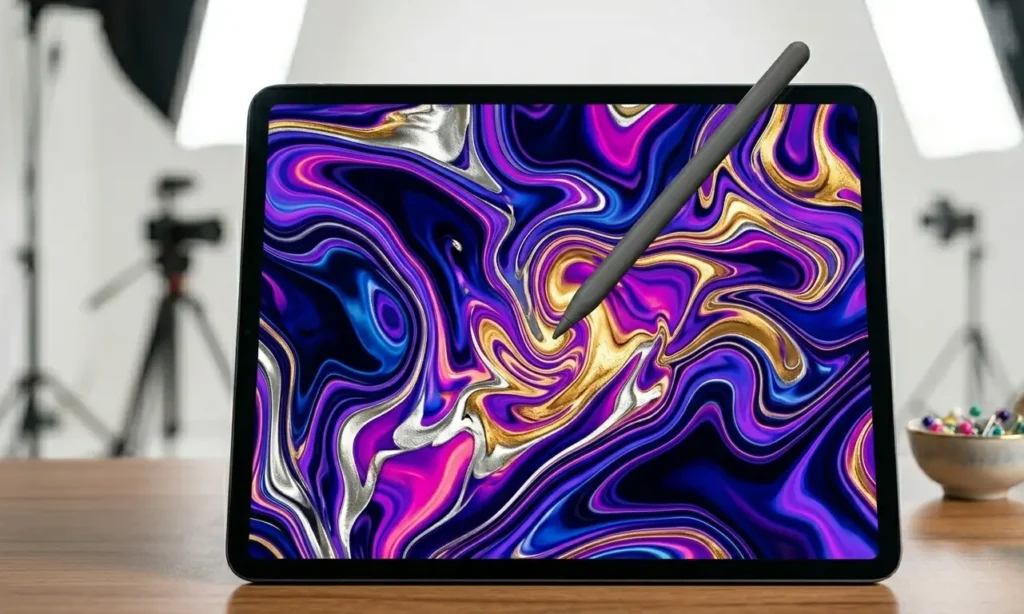 Stylus pen resting on a modern graphic drawing tablet displaying abstract AI design art