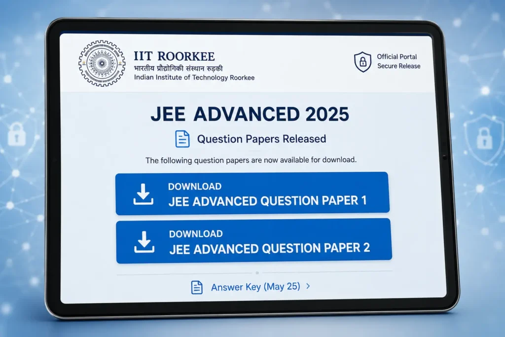 "A digital illustration of a tablet screen showing the IIT Roorkee portal with clear download buttons for JEE Advanced Paper 1 and Paper 2."