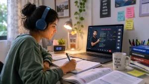 Young Indian student attending online class on laptop in modern study room with headphones, books on desk, soft natural lighting and realistic digital learning environment