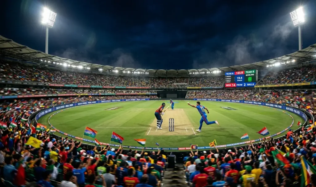 An action photograph of a cricket stadium during a live match night with a bowler running in."