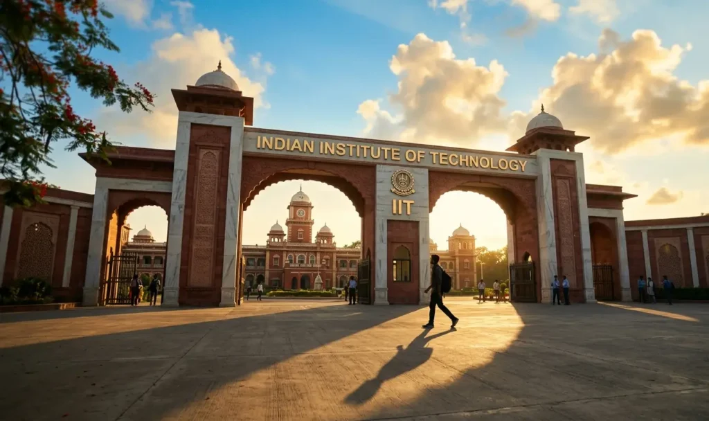 "An inspiring wide-angle shot of a grand IIT campus entrance under a bright blue sky, symbolizing engineering aspirations."