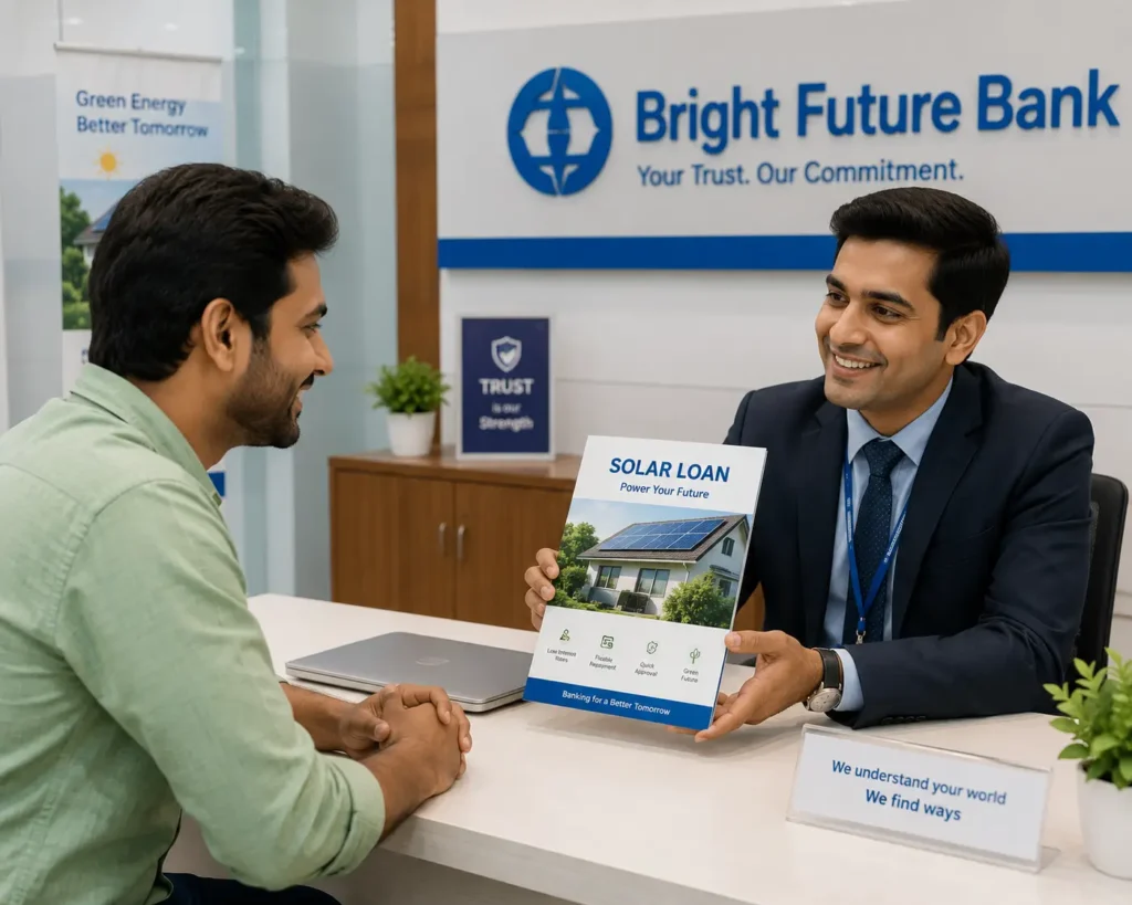 Indian bank executive explaining low interest collateral free solar loan options to a customer