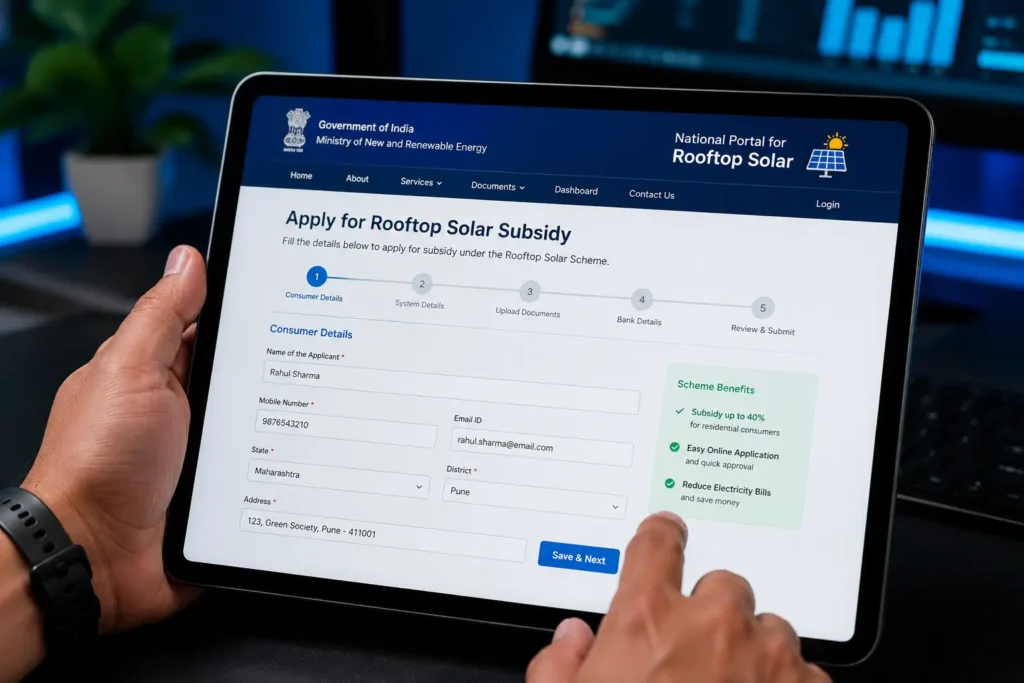 A person applying online for PM Surya Ghar Yojana 2026 solar subsidy on a tablet