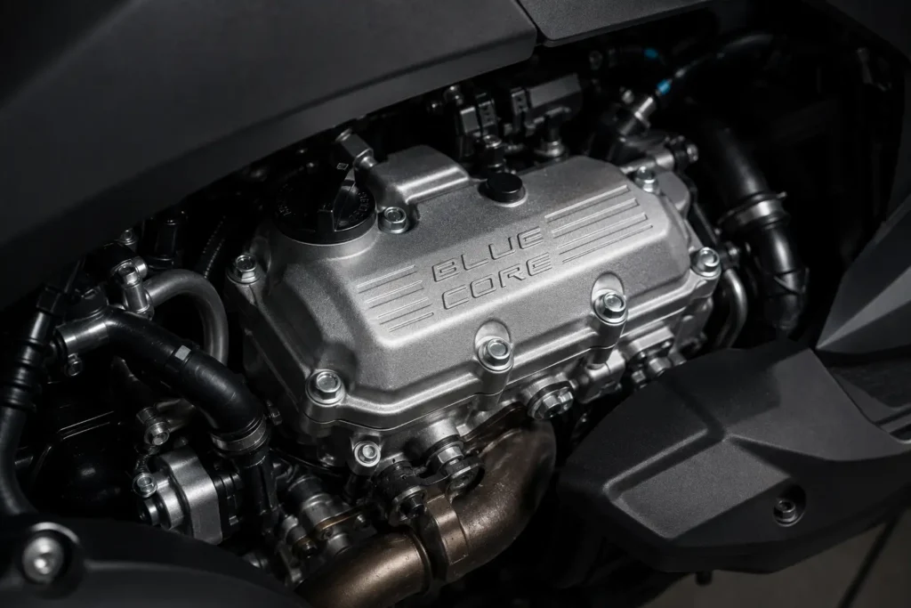 "A professional close-up shot of a modern Yamaha Blue Core scooter engine with premium metallic highlights."