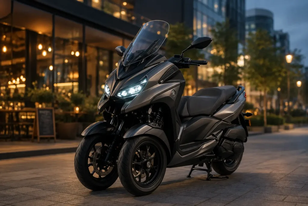 "A premium Yamaha three-wheeled scooter parked on a modern city street at dusk under warm cafe lights."
