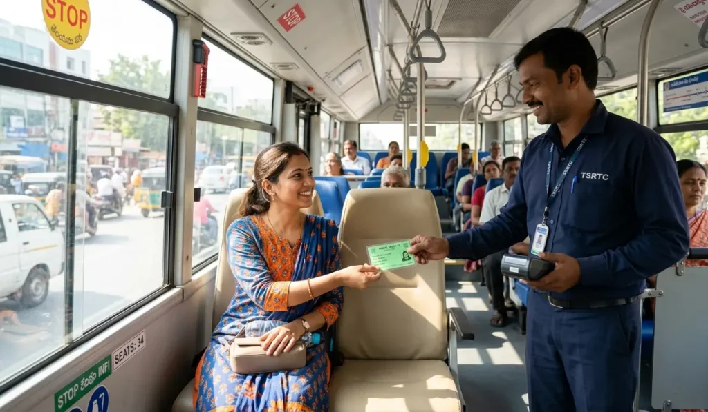 "A smiling female passenger receiving a green travel pass from a conductor inside a sunlit public transit bus."