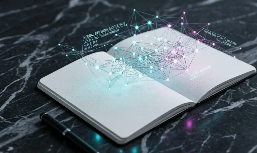 Concept illustration of a glowing digital neural network symbolizing AI text generation and automated copywriting tools