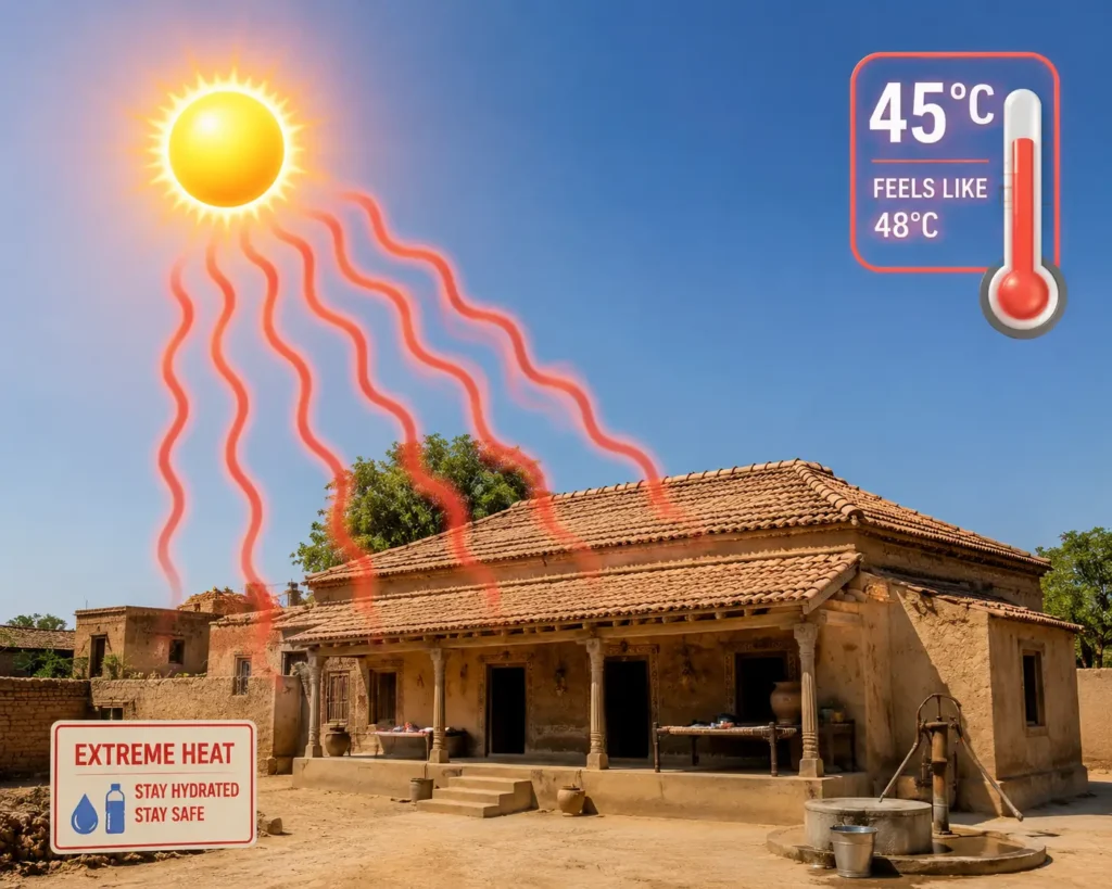 Scorching sun and heatwave alert graphic for South Bihar districts