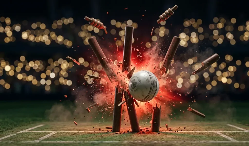 A photorealistic close-up of cricket bails flying in the air as the ball hits the stumps."