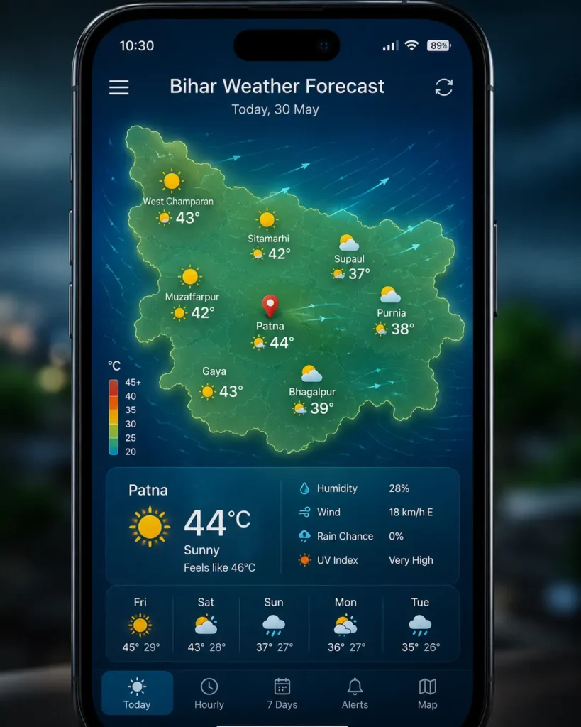 Patna weather forecast and temperature update on a smartphone screen