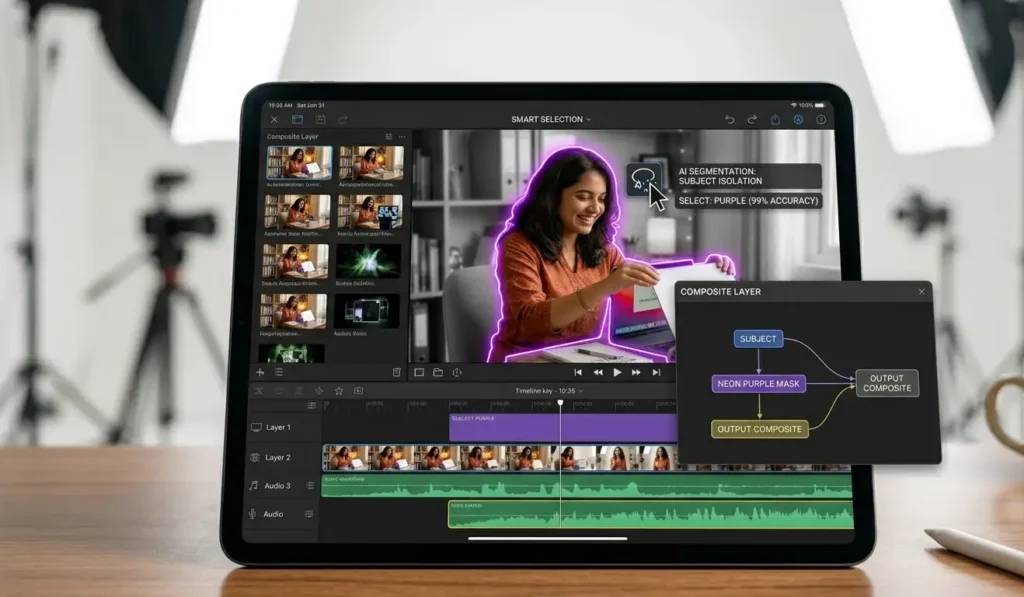 Tablet display showing an advanced AI-powered video editing timeline isolating video layers seamlessly