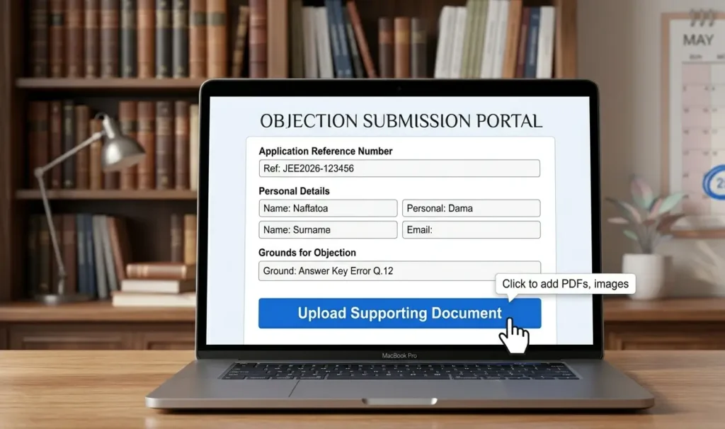 "A laptop screen showing an official objection submission portal with a button to upload supporting documents."