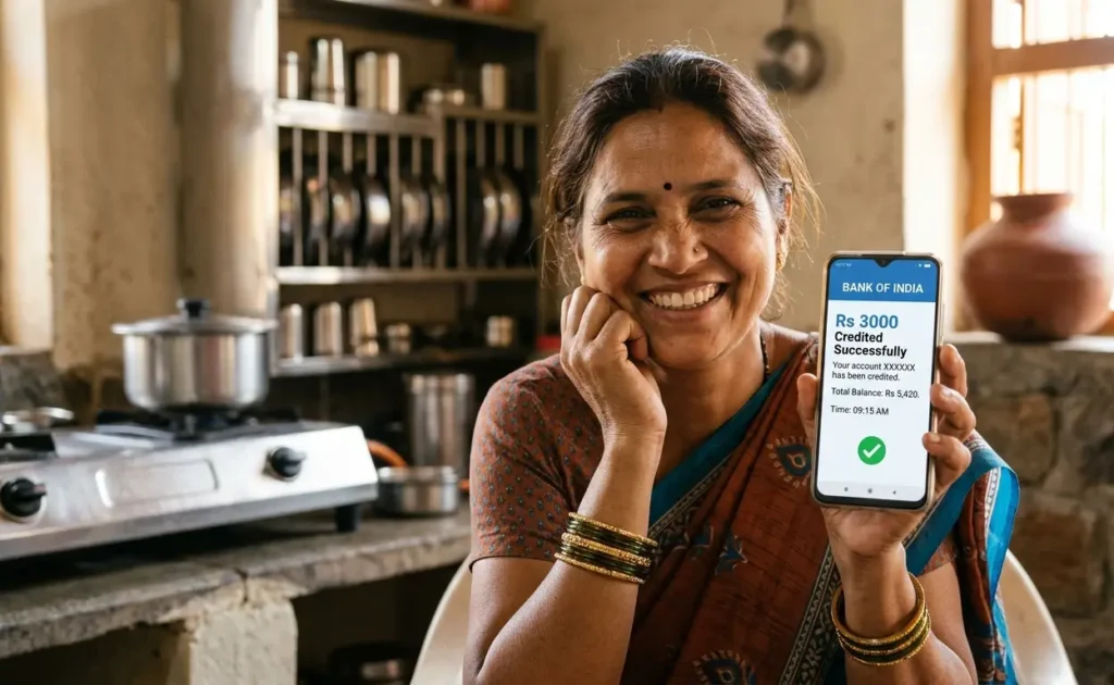 A close-up shot of an Indian woman smiling while viewing a bank credit notification on her smartphone inside her house."