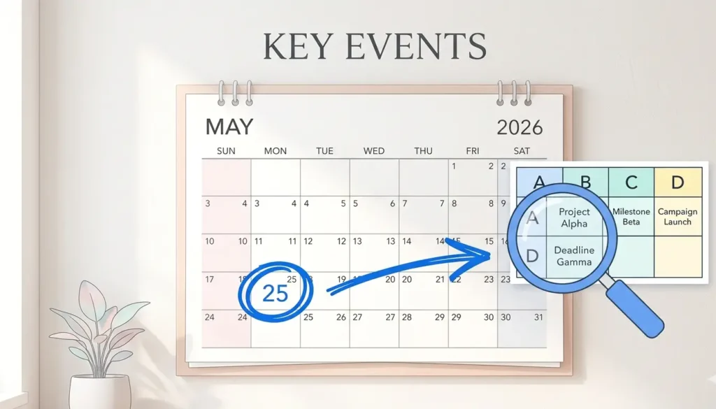 "A minimalist calendar illustration for May 2026 with a prominent blue circle around the 25th, indicating the answer key release date."