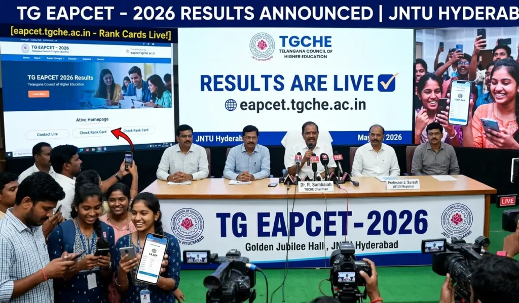 An infographic image showcasing the TG EAPCET 2026 result announcement at JNTU Hyderabad. The image outlines a