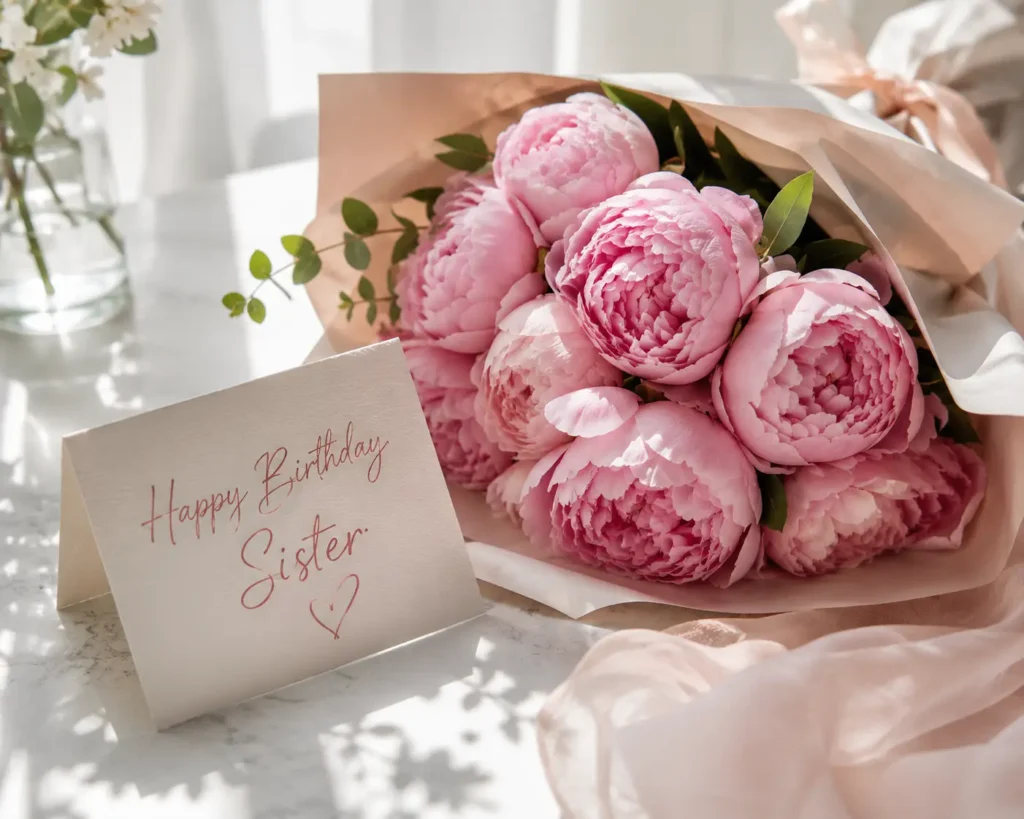 "An aesthetic flat-lay of pink peonies and a handwritten birthday card for a sister bathed in natural sunlight."