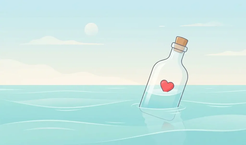 A minimalist digital illustration of a red heart inside a glass bottle floating on a calm pastel-colored ocean."