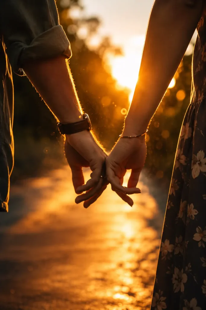 "A close-up photograph of a couple's fingers gently intertwining while walking outside during a warm golden hour sunset."