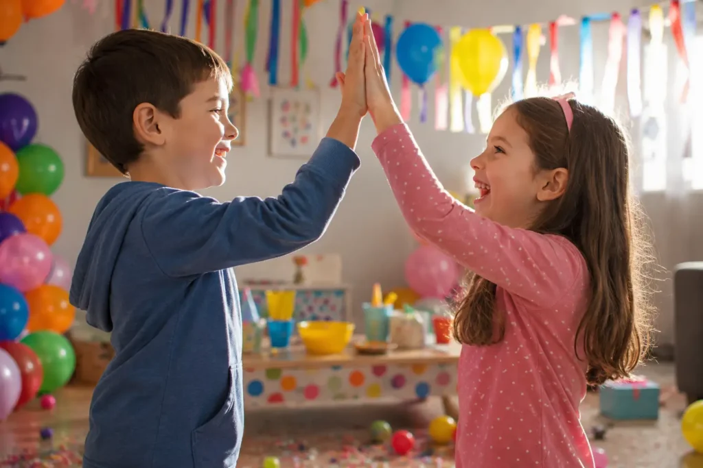 "A candid 4K photo of a brother and sister high-fiving in a festive room filled with colorful balloons and soft morning sunlight."