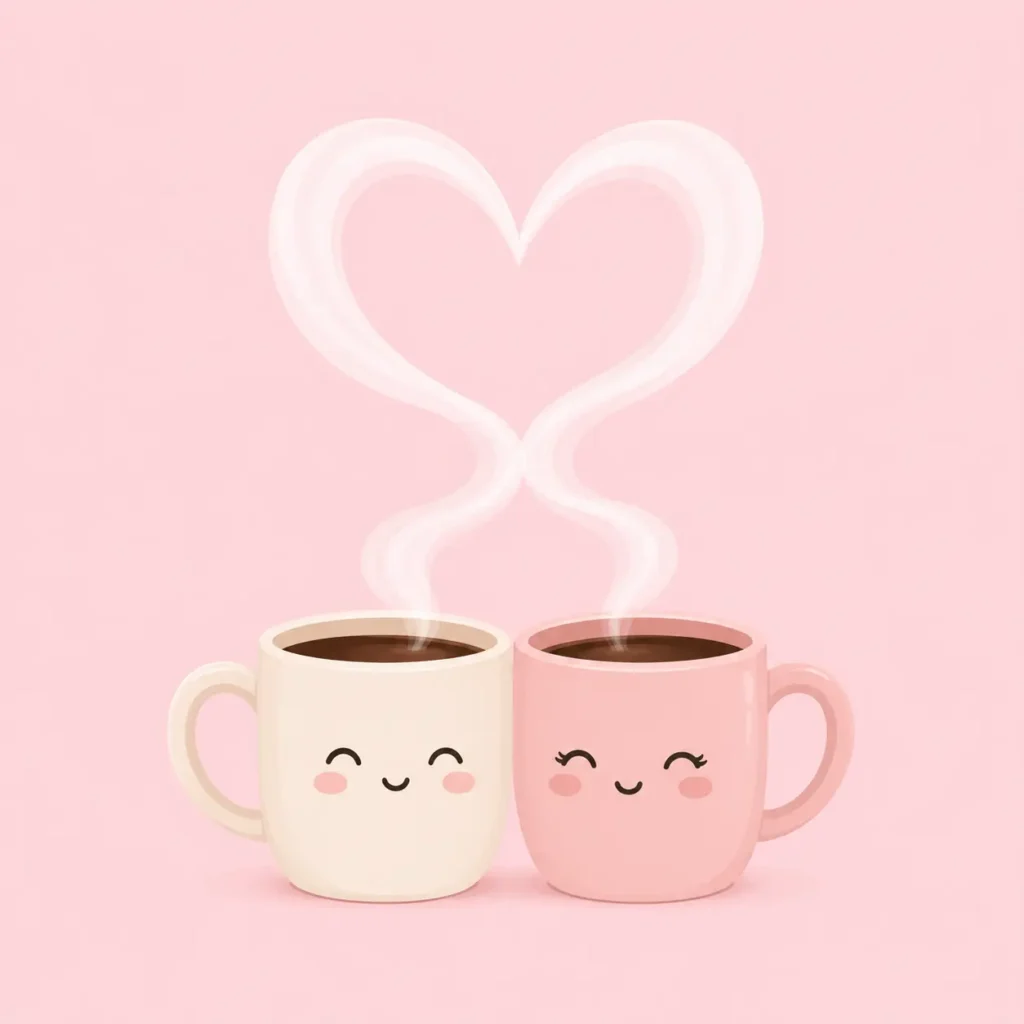 "A minimalist digital illustration of two coffee mugs side-by-side with steam weaving together to form a single heart shape on a pastel pink background."