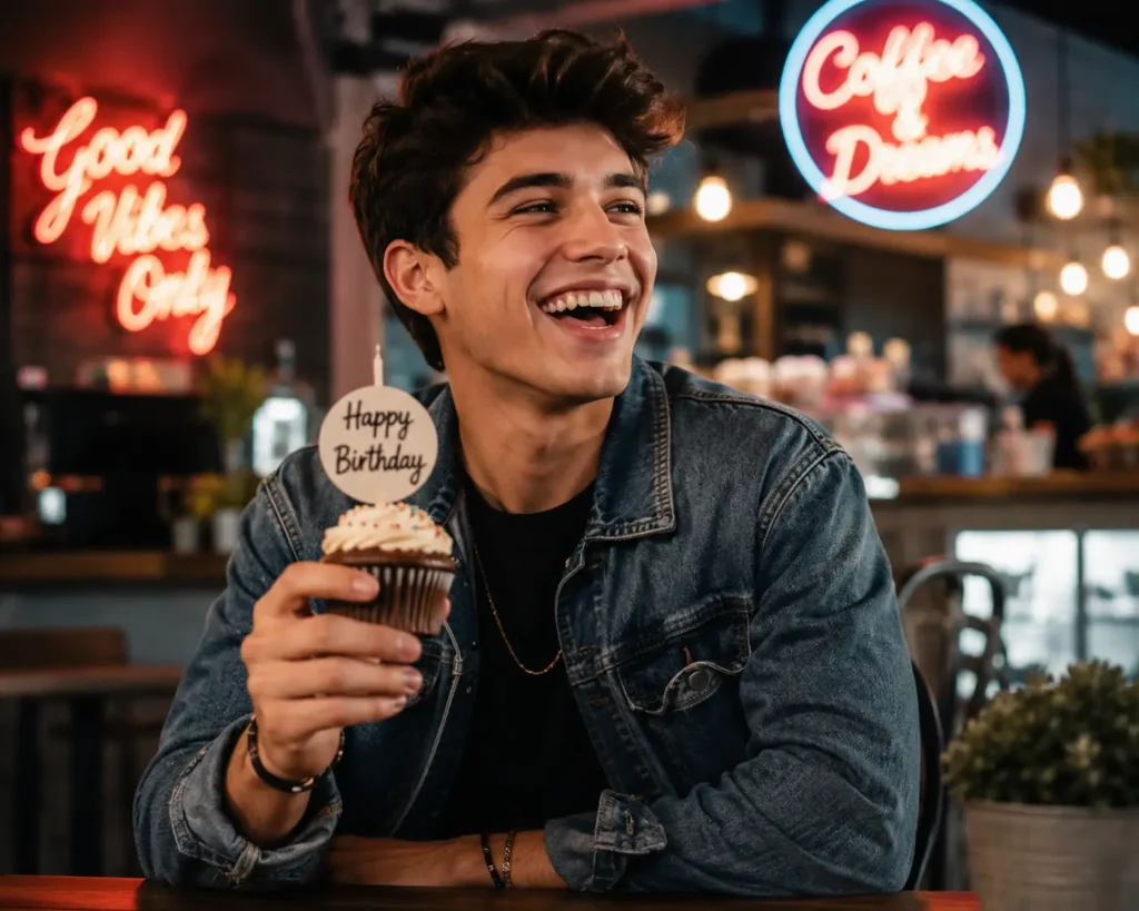 "A lifestyle photograph of a stylish young man holding a birthday cupcake in a modern cafe with urban neon bokeh."