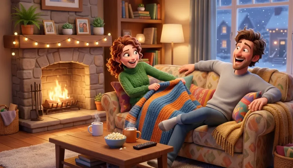 A playful and cozy illustration of a husband and wife laughing on a couch while jokingly sharing a blanket."