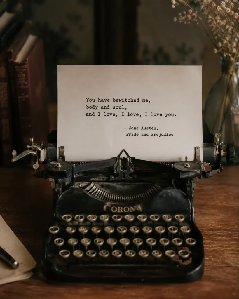 "A vintage typewriter on a wooden desk with a white paper showing a cleanly typed romantic quote in black ink."