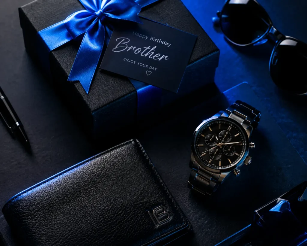 "A moody flat-lay of a watch, wallet, and gift box symbolizing success and birthday blessings for a brother."