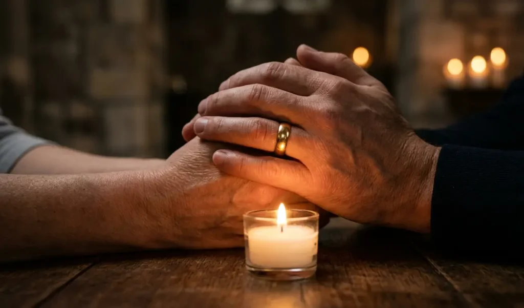"A serene close-up of a couple's hands joined in prayer over a glowing candle, reflecting a gold wedding band."
