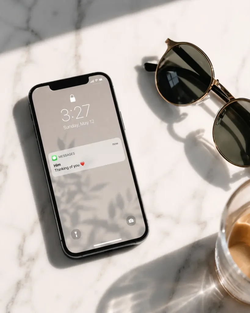 "A modern flat-lay shot of a smartphone on a white marble table showing a text message notification with a red heart emoji."