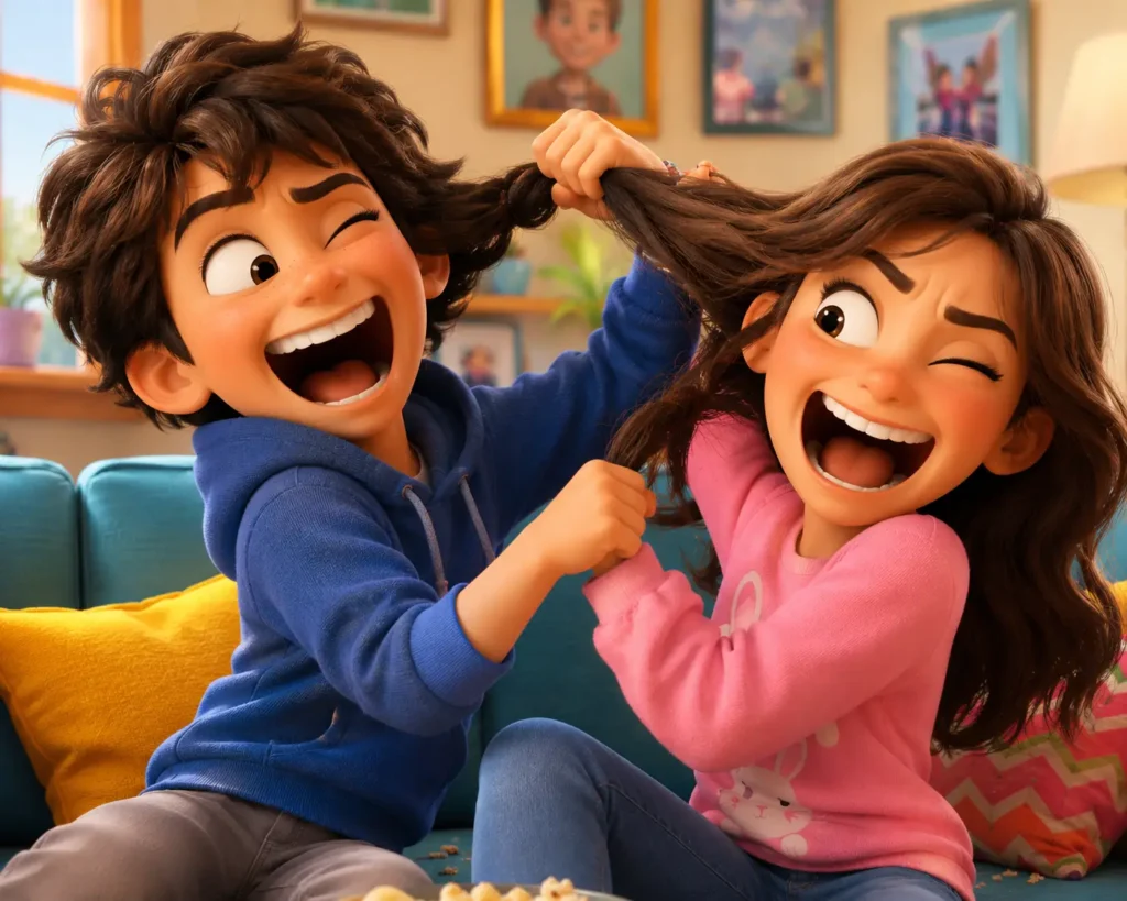 A vibrant 3D Pixar-style illustration of two siblings playfully pulling hair and laughing together."