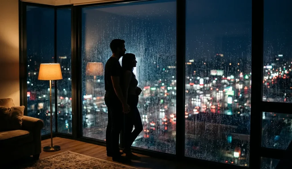 "An emotional silhouette of a couple looking out of a large window at a rainy city skyline at night in a dimly lit room."