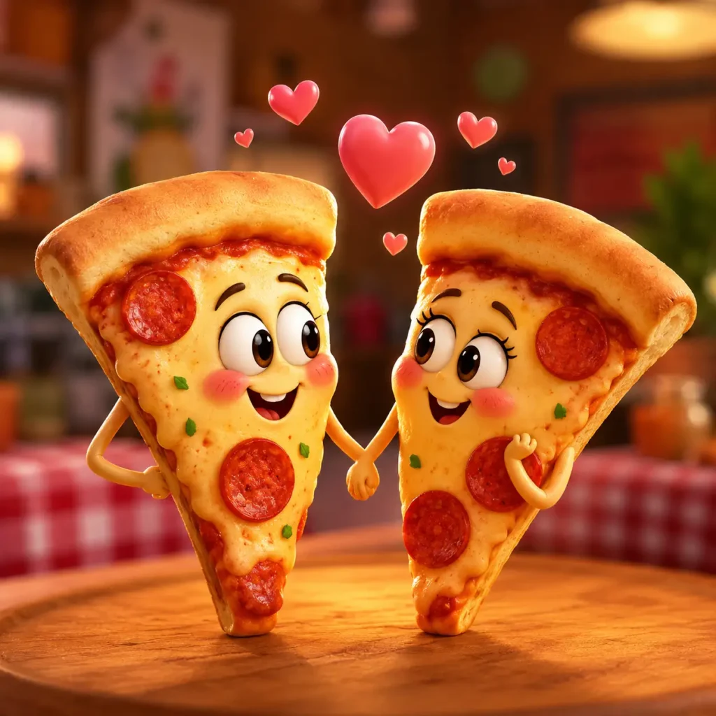 "A whimsical 3D cartoon illustration of two animated pizza slices looking lovingly at each other with blushing cheeks and floating hearts."