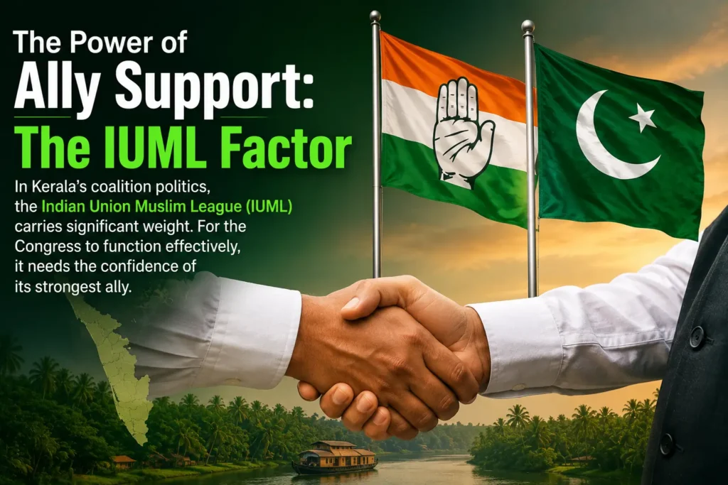 A symbolic representation of the political alliance between Indian National Congress and IUML in Kerala, featuring party flags and leaders shaking hands during a UDF coalition meet."