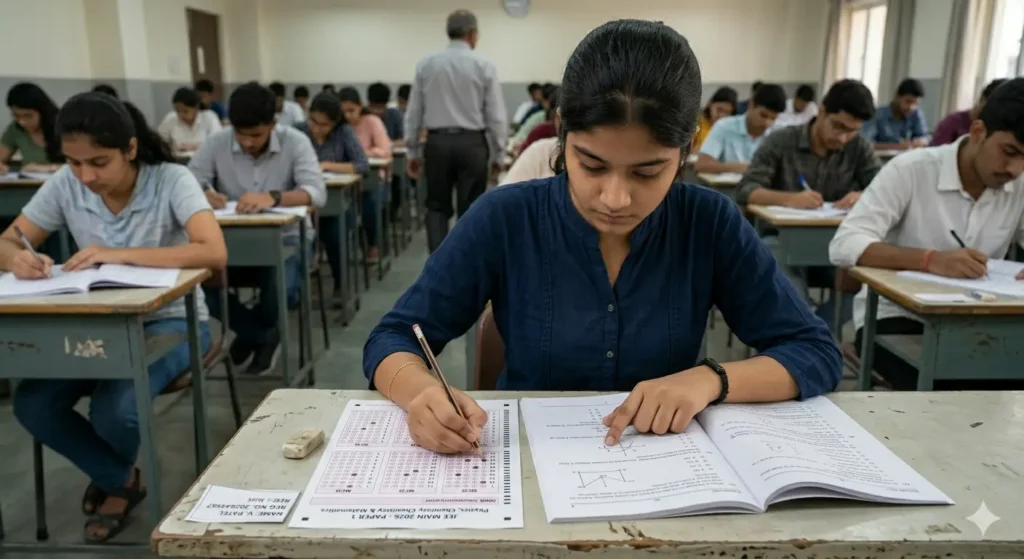 Student solving objective questions in exam hall environment screen