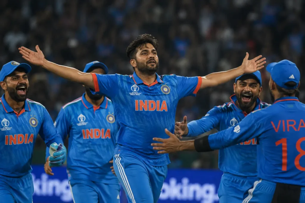 Shardul Thakur celebrating a wicket by spreading his arms wide as Mumbai Indians teammates run toward him at the HPCA Stadium.
