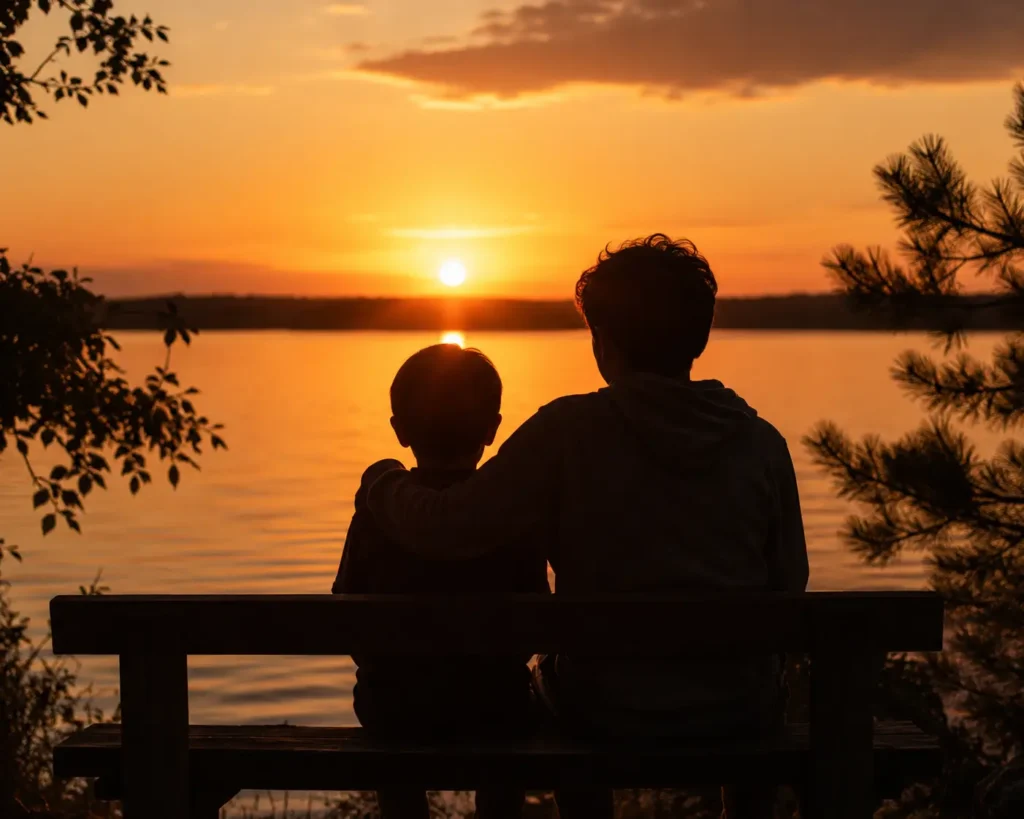"An emotional silhouette of two siblings sitting on a bench by a calm lake during a golden sunset."