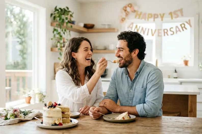 "A bright lifestyle photo of a young couple laughing and sharing cake in a sun-drenched kitchen with a 1st anniversary banner."