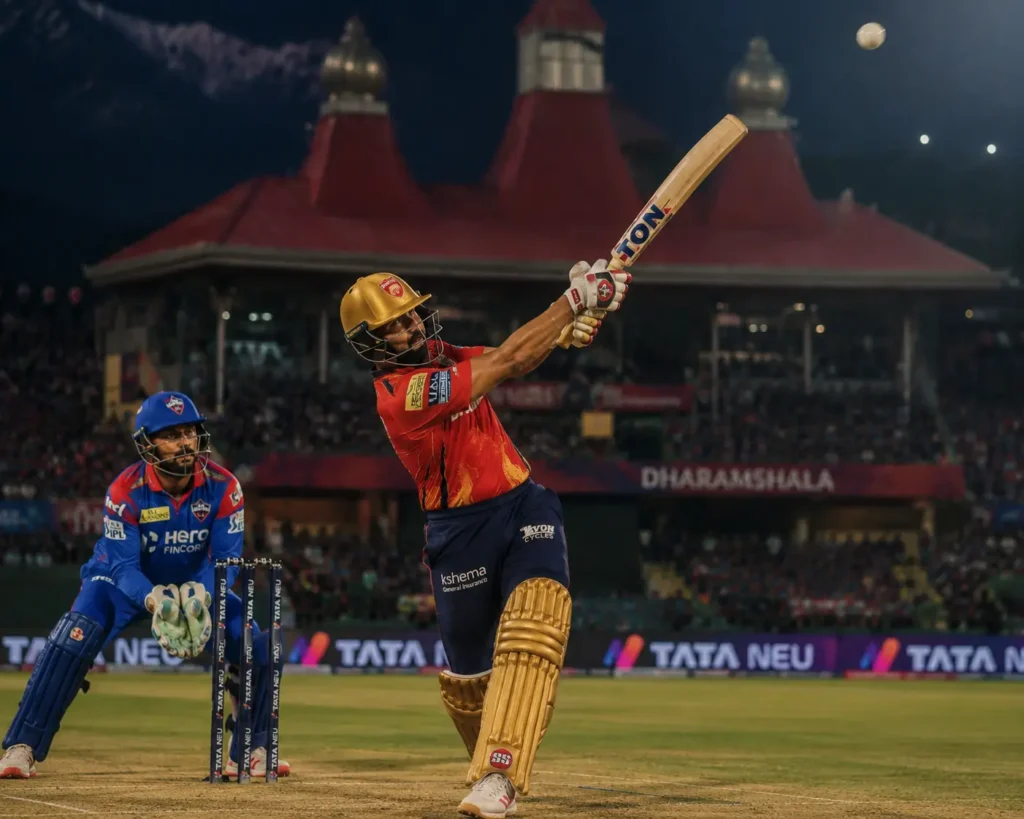 Punjab Kings batsman Prabhsimran Singh executing a powerful lofted sweep shot during an IPL 2026 match at the Dharamshala cricket ground.