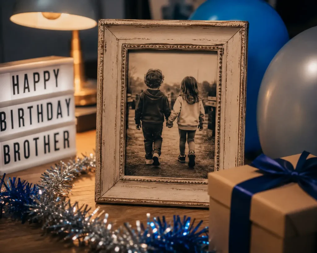 "A vintage photo frame showing two young children holding hands, surrounded by modern birthday tinsel and decorations."
