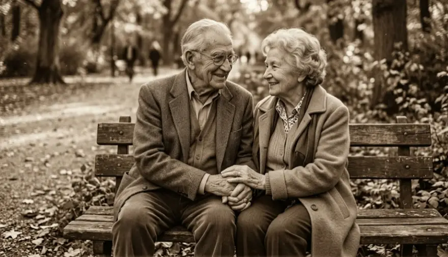 "A nostalgic sepia-toned photo of an elderly couple holding hands and smiling at each other on a park bench."