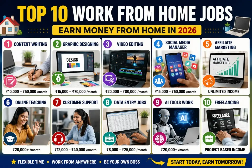 Top 10 Work From Home Jobs 2026 infographic showing online jobs list with salary details in India