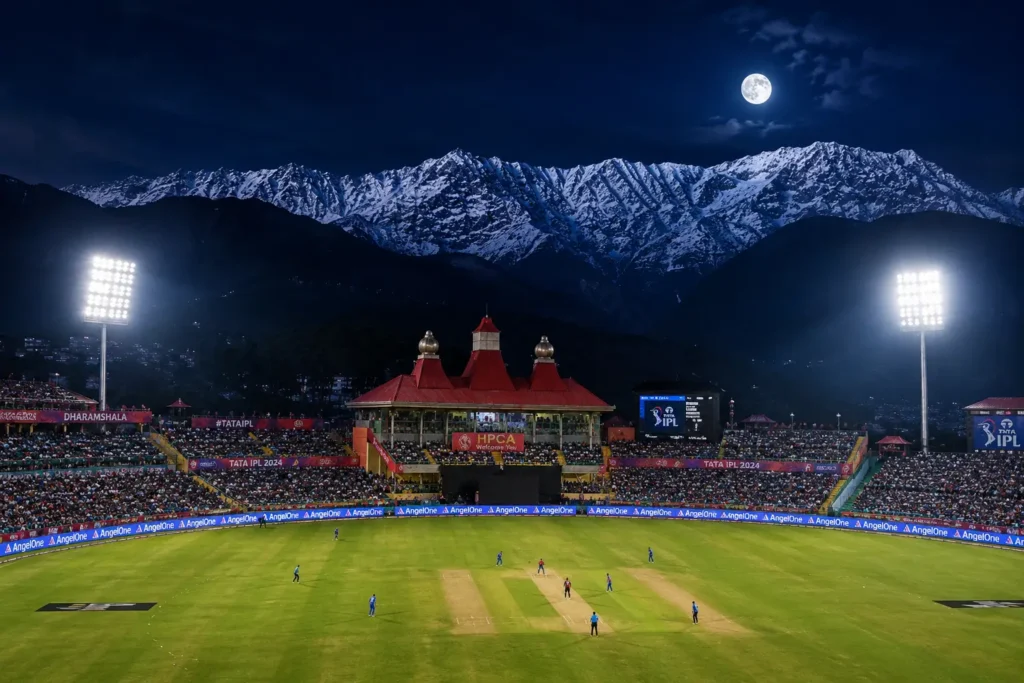 A breathtaking night view of the Dharamshala Cricket Stadium under floodlights, showcasing the illuminated pitch and the dark Dhauladhar mountain range in the background.