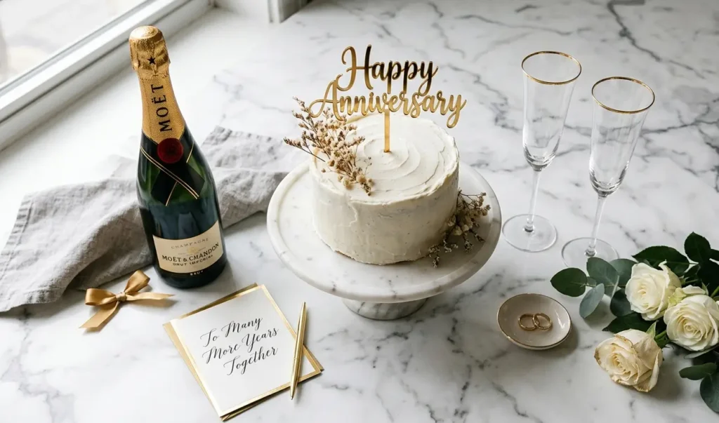 "A luxury anniversary flat-lay featuring a white cake with a gold topper, champagne bottle, and elegant flutes on marble."